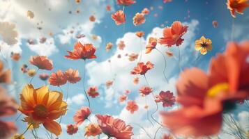 A stunning, breathtaking display of colorful flowers gently dancing in the vast sky alongside fluffy clouds photo