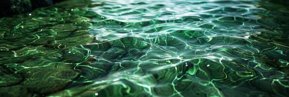 A serene and tranquil view of a smooth water surface featuring delightful ripples and lush green reflections photo