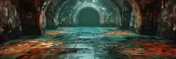 Discover and explore a haunting subterranean space filled with ancient architecture and stunning vibrant reflections photo