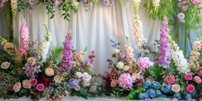 A stunning, colorful floral display that features beautiful roses, hydrangeas, and lush greenery for various events photo