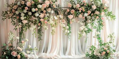 This exquisite floral arrangement with soft drapery is perfect for weddings and special memorable events photo