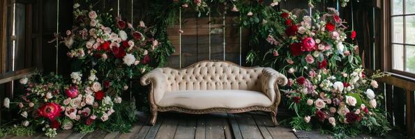A beautifully stylish vintage couch is set against a backdrop of lush floral arrangements in a rustic setting photo