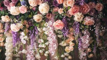 A stunning and visually captivating display of colorful roses and exotic orchids creating a vibrant backdrop of beauty photo