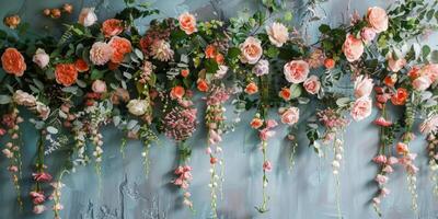 An abundant and lush display of vibrant roses and elegant greenery cascading beautifully against a textured backdrop photo