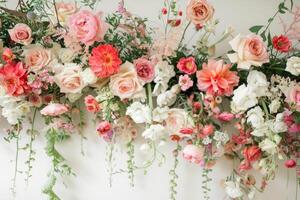 This is a stunningly beautiful display of soft peach and pure white flowers, perfect for weddings and special events photo