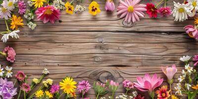 A colorful array of flowers surrounds a rustic wooden backdrop, ideal for unique invitations, cheerful cards, or inspiring naturethemed designs that truly stand out in any artistic endeavor photo