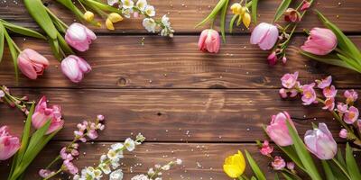 A stunning and vibrant display showcasing an array of colorful tulips and elegant orchids elegantly surrounding a rustic wooden tabletop, creating the perfect ambiance for spring and floral themes photo