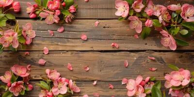 A breathtaking and stunning display of pink flowers accompanied by petals gracefully scattered on a rustic wooden surface, which is perfect for enhancing spring aesthetics or naturethemed projects photo