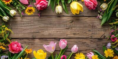 A vibrant array of colorful flowers surrounds a rustic wooden background, creating a charming space to include your personalized message or image at the center, enhancing its appeal photo