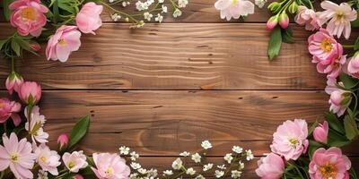 This floral arrangement features vibrant pink peonies and delicate white flowers on a rustic wooden background, perfect for special occasions and joyful celebrations, adding enchantment to any event photo