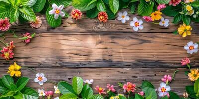 A vibrant and colorful floral border beautifully frames a rustic wooden surface, perfectly enhancing the beauty of nature while adding charm and character to any creative project or artistic endeavor photo