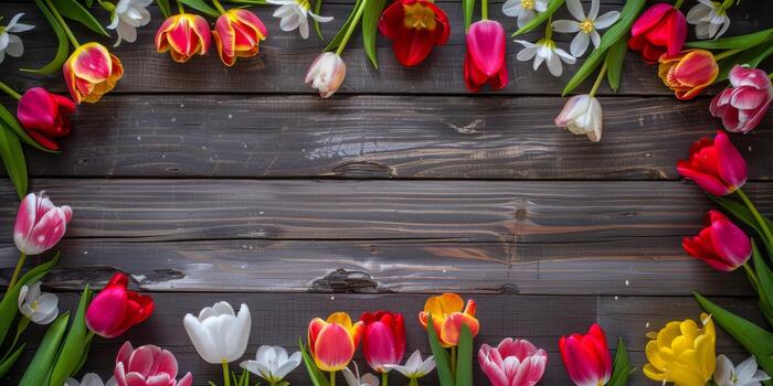 un vibrante y vistoso formación de tulipanes y varios flores arreglado esmeradamente en un rústico de madera superficie, creando el Perfecto ajuste para primavera temas y encantador decorativo proyectos foto