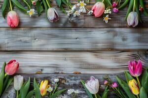 A stunning arrangement of colorful tulips and delicate flowers displayed on a rustic wooden background, perfect for spring celebrations and floral designs, evoking a cheerful atmosphere photo