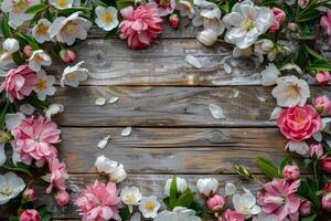 This is a breathtaking arrangement featuring beautiful pink and white flowers artistically placed around a rustic wooden background, which is ideal for cultivating a serene and natural atmosphere photo