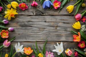This colorful spring flower collection features stunning tulips and elegant lilies arranged on rustic wood, perfect for enhancing seasonal decor and adding cheer to any event or celebration photo