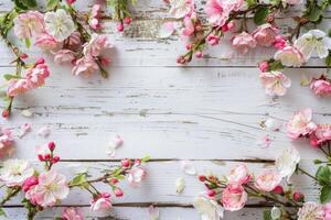 A vibrant array of pink blossoms and delicate buds on a weathered wooden surface, creating a perfect spring backdrop that evokes joy and love while captivating the senses with their beauty photo
