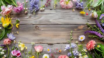 An eyecatching and vibrant arrangement of various colorful flowers beautifully framing a rustic wooden background, making it perfect for springthemed designs or natureinspired creativity photo