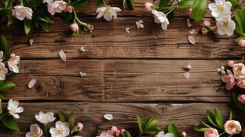 This is a breathtaking composition showcasing an array of delicate flowers elegantly arranged upon a rustic wooden surface, ideal for inspiring naturethemed designs and evoking the essence of spring photo