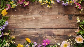 This stunning floral arrangement showcases a vibrant array of beautiful flowers, artfully displayed against a rustic wooden backdrop. It is perfect for enhancing springthemed designs and decorations photo