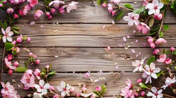 A wonderfully charming floral arrangement filled with delightful pink blossoms gracefully encircles a rustic wooden backdrop, making it the perfect choice for springthemed designs and decorations photo