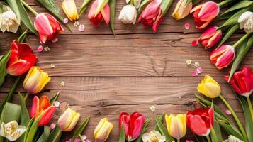 A stunning and vibrant display of colorful tulips beautifully arranged on a rustic wooden surface, creating an exquisite frame for any setting. Perfect for springtime inspirations and floral themes photo
