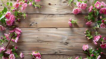 A captivating and charming display of vibrant pink flowers beautifully surrounds a rustic wooden background, seamlessly combining warmth and natural beauty, making it ideal for any design project photo