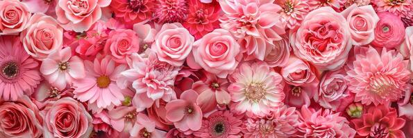 A stunning wall decorated with vibrant pink flowers, like exquisite roses and charming gerberas, perfect for spring photo