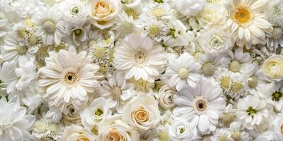 An exquisite and beautiful display showcasing an assortment of assorted white flowers, ideal for elegant occasions photo
