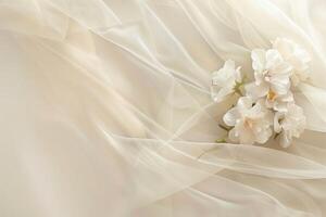 An exquisite and delicate arrangement of white flowers draped in beautifully soft, flowing fabric material photo