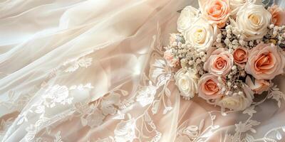 A beautiful and delicate bridal bouquet elegantly resting on luxurious wedding dress fabric with finesse and charm photo