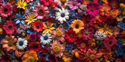 An absolutely stunning and vibrant array of bright, colorful flowers is creating a lively floral backdrop photo
