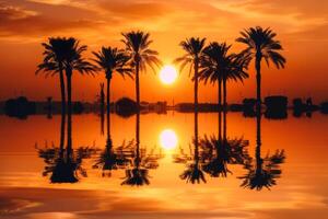 A breathtaking sunset scene featuring palm trees beautifully reflecting on calm water, ideal for deep relaxation photo