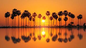 A truly breathtaking sunset scene that features silhouetted palm trees against a backdrop of calm water reflections photo