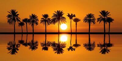 A tranquil sunset with silhouetted palm trees and shimmering reflections on calm water creates a picturesque scene photo
