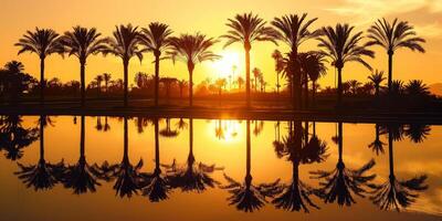 A breathtaking sunset casting its glow over palm trees, which are beautifully reflected in the serene, calm waters photo