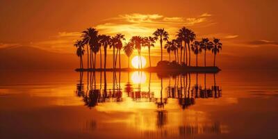 A breathtaking sunset casting warm and vibrant hues over palm trees on a tranquil water surface, creating a serene view photo