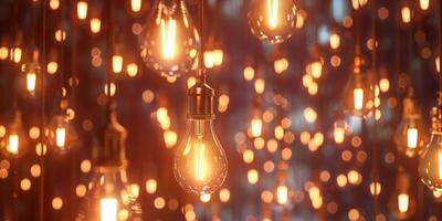 A breathtaking and mesmerizing display of elegantly hanging light bulbs, which create a warm, inviting atmosphere photo