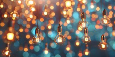 A stunning and captivating display of hanging light bulbs set against a beautiful, dreamy bokeh backdrop photo