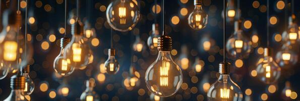 A charming display of beautifully illuminated hanging light bulbs set against a softly blurred bokeh background photo