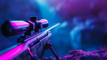 A beautifully detailed sniper rifle is captured under vibrant lighting in a moody and atmospheric environment photo