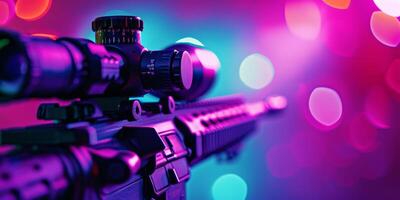 A striking and detailed closeup of a modern rifle featuring a scope, set against an abstract and colorful backdrop photo