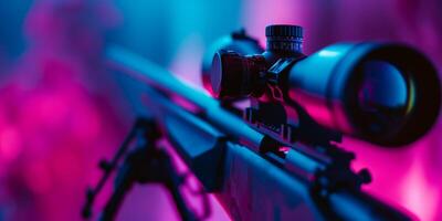 A highly detailed closeup of a modern sniper scope illuminated with vibrant and captivating lighting effects photo