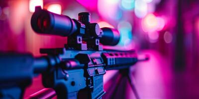 A captivating and striking closeup of a tactical rifle, enhanced with vivid neon lighting effects that mesmerize photo