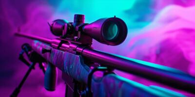 A fascinating and captivating closeup of a sleek sniper rifle illuminated under vibrant and colorful neon lighting photo