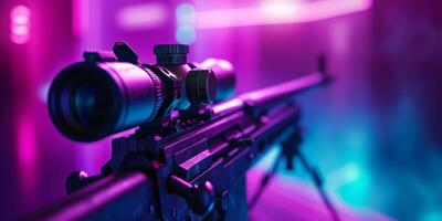 A detailed look at a sniper rifle with a scope, illuminated by vibrant neon lights that enhance its features photo