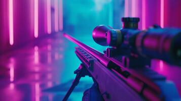 A stunning sniper rifle is showcased in a neonlit corridor, blending elegance with inherent danger photo