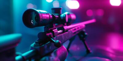 This captivating closeup image showcases a sniper rifle, notably illuminated by vibrant and dynamic neon lighting photo