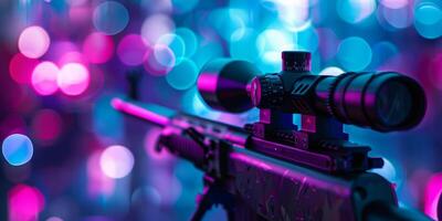 A closeup view of a sniper rifle scope beautifully set against a vibrant and colorful bokeh background at night photo