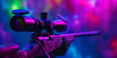 A striking sniper rifle scope is beautifully highlighted against a vibrant and colorful backdrop that captivates photo