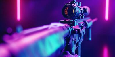 A sleek firearm illuminated by vibrant neon lights showcases its modern design and advanced technology features photo